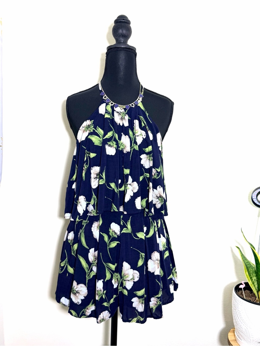 💙Favlux Navy Blue Floral Cotton Cutout Two Piece Look Mini Dress M